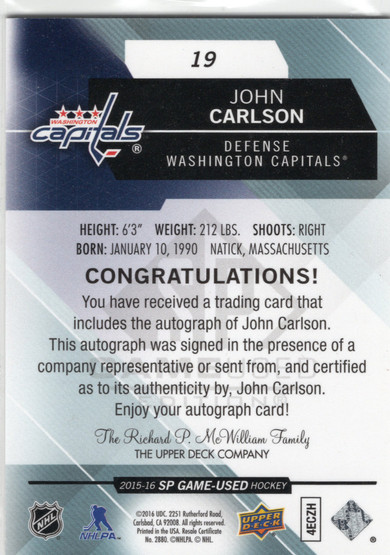 2015-16 SP Game Used Blue Autographs #19 John Carlson AU