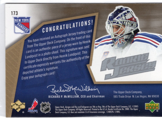 2005-06 SPx #173 Henrik Lundqvist RJ, AU, MEM, RC, SN1499