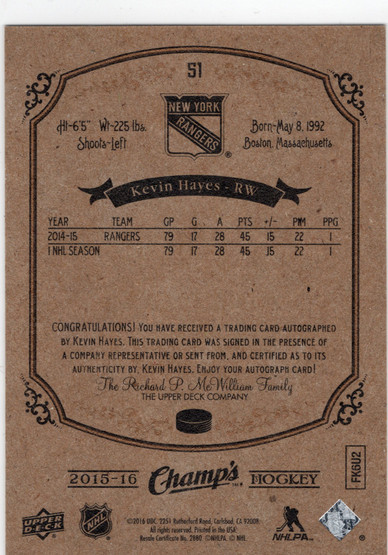 2015-16 Upper Deck Champ's #51 Kevin Hayes AU