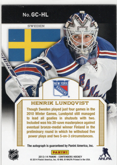 2013-14 Panini Contenders Global Contenders Autographs #GCHL Henrik Lundqvist AU, SN25