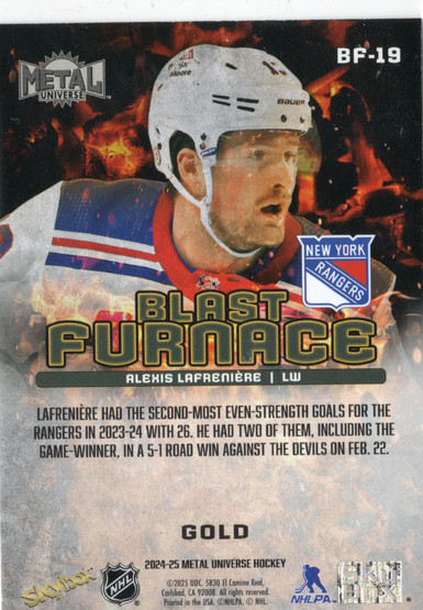 2024-25 SkyBox Metal Universe Blast Furnace Gold #BF19 Alexis Lafreniere SN50