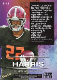 2021 SkyBox Metal Universe Champions Skybox Premium Gold Autographs #S42 Najee Harris AU
