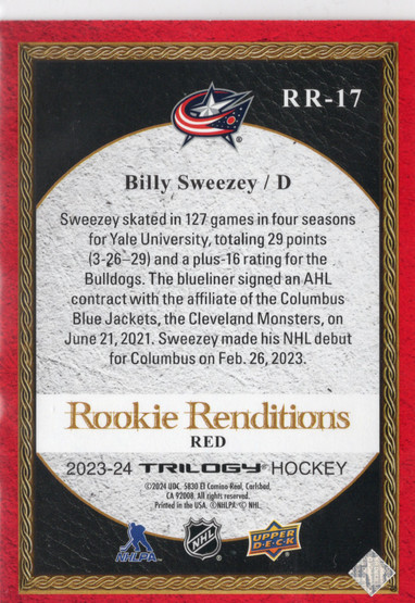 2023-24 Upper Deck Trilogy Rookie Renditions Red #RR17 Billy Sweezey SN799