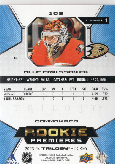 2023-24 Upper Deck Trilogy Red #103 Olle Eriksson Ek SN199