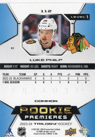 2023-24 Upper Deck Trilogy #112 Luke Philp RP, SN999, RC