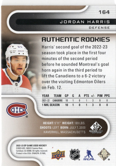 2022-23 SP Game Used Gold #164 Jordan Harris AR, SN118