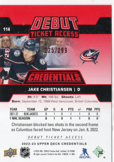 2022-23 Upper Deck Credentials Red #114 Jake Christiansen DTA, SN299