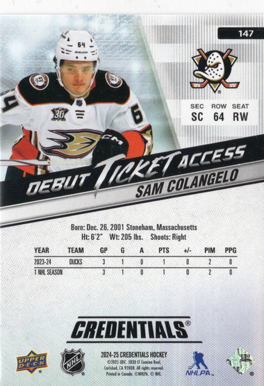 2024-25 Upper Deck Credentials #147 Sam Colangelo DTA, RC, SN999