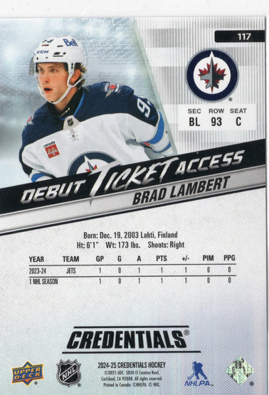 2024-25 Upper Deck Credentials #117 Brad Lambert DTA, RC, SN999