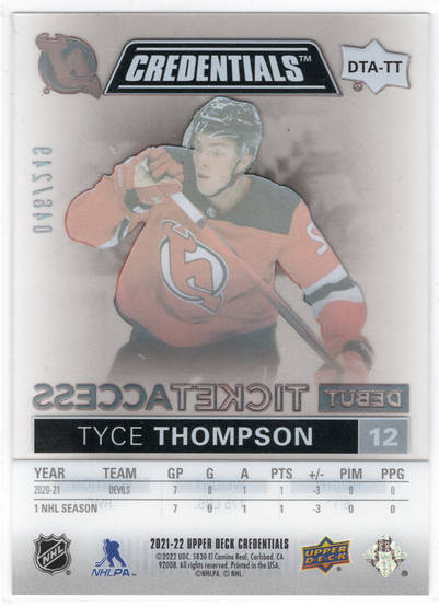 2021-22 Upper Deck Credentials Debut Ticket Access Acetate #DTATT Tyce Thompson SN249