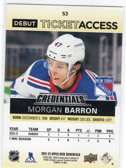 2021-22 Upper Deck Credentials Yellow #53 Morgan Barron DTA, SN249, RC