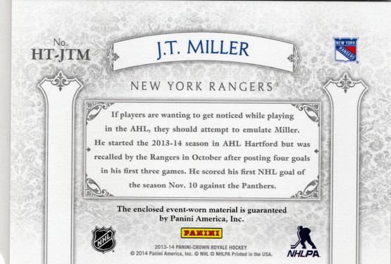 2013-14 Panini Crown Royale Heirs to the Throne Materials #HTJTM J.T. Miller MEM