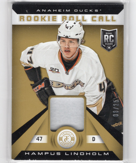 2013-14 Panini Totally Certified Rookie Roll Call Gold Patch #RRHLI Hampus Lindholm MEM, SN25