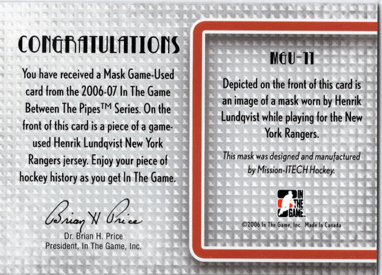 2006-07 In The Game Between The Pipes Mask Game-Used #MGU11 Henrik Lundqvist MEM, PR25