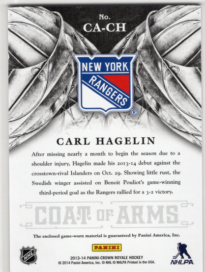 2013-14 Panini Crown Royale Coat of Arms Materials #CACH Carl Hagelin MEM