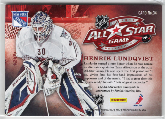 2011-12 Panini Prime All-Star Selections #34 Henrik Lundqvist MEM, SN8
