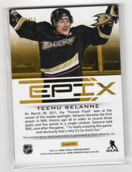 2013-14 Panini Totally Certified EPIX Memorabilia Blue Game #ETMU Teemu Selanne MEM, SN50