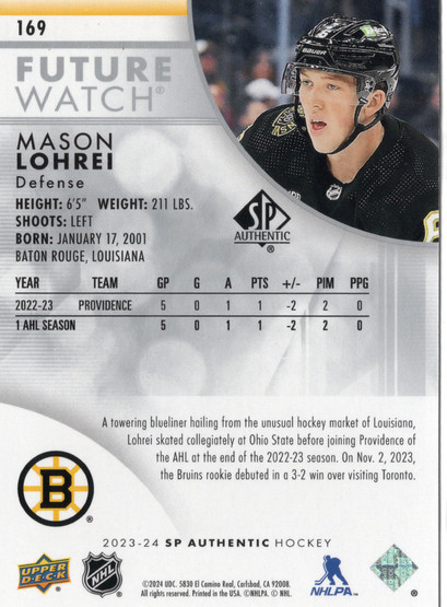 2023-24 SP Authentic #169 Mason Lohrei FW, RC, SN999