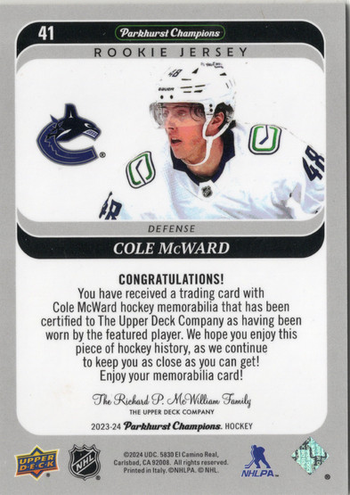 2023-24 Parkhurst Champions Jerseys #41 Cole McWard MEM