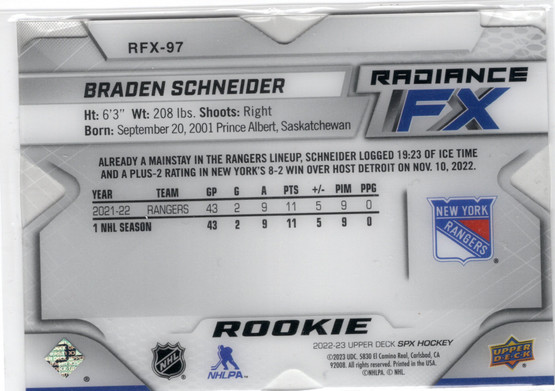 2022-23 SPx Radiance FX #RFX97 Braden Schneider SN549