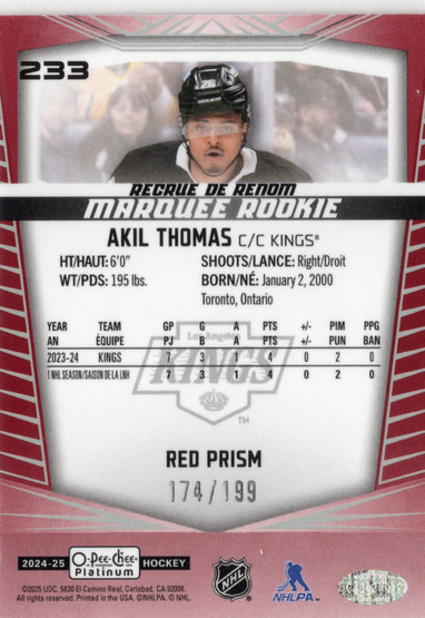 2024-25 O-Pee-Chee Platinum Red Prism #233 Akil Thomas MR, SN199, RC