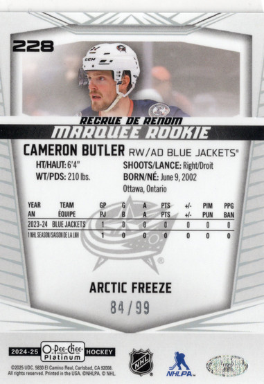 2024-25 O-Pee-Chee Platinum Arctic Freeze #228 Cameron Butler MR, SN99, RC
