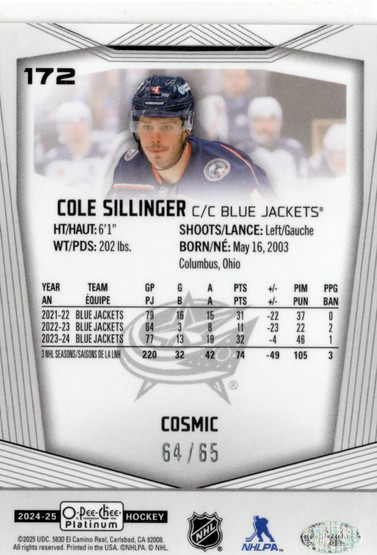 2024-25 O-Pee-Chee Platinum Cosmic #172 Cole Sillinger SN65