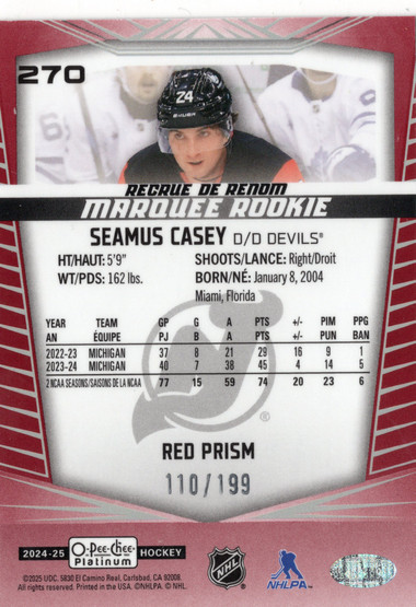 2024-25 O-Pee-Chee Platinum Red Prism #270 Seamus Casey MR, SN199, RC