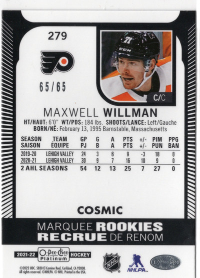 2021-22 O-Pee-Chee Platinum Cosmic #279 Maxwell Willman MR, SN65, RC