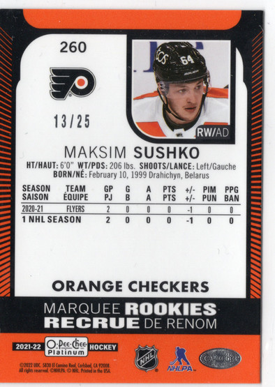 2021-22 O-Pee-Chee Platinum Orange Checkers #260 Maksim Sushko MR, SN25, RC