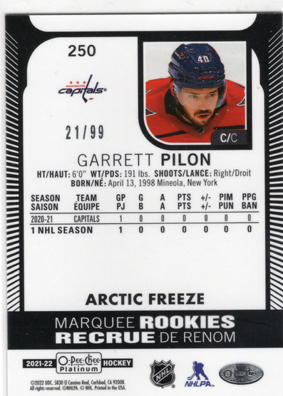 2021-22 O-Pee-Chee Platinum Arctic Freeze #250 Garrett Pilon MR, SN99, RC