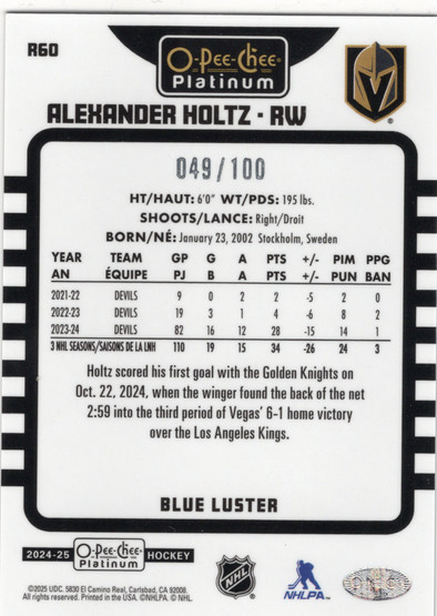 2024-25 O-Pee-Chee Platinum Retro Blue Luster #R60 Alexander Holtz SN100