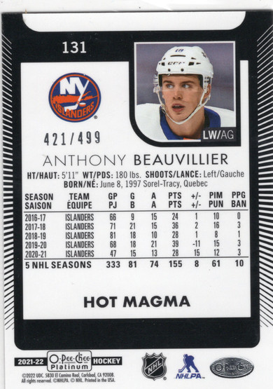 2021-22 O-Pee-Chee Platinum Hot Magma #131 Anthony Beauvillier SN499