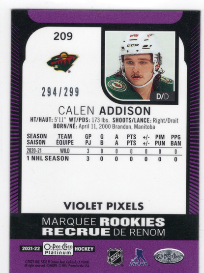 2021-22 O-Pee-Chee Platinum Violet Pixels #209 Calen Addison MR, SN299