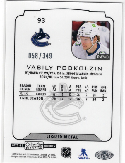 2022-23 O-Pee-Chee Platinum Liquid Metal #93 Vasily Podkolzin SN349