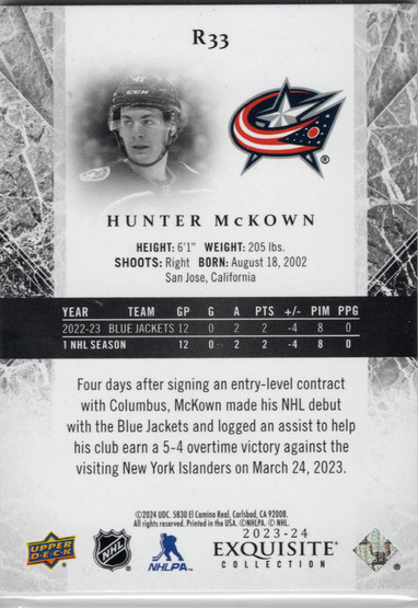 2023-24 Upper Deck Ice Exquisite Collection Rookies #R33 Hunter McKown SN499