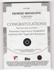 2022 Topps Renaissance MLS Renaissance Engravement Autographs #EADM5 Djordje Mihailovic AU, SN20