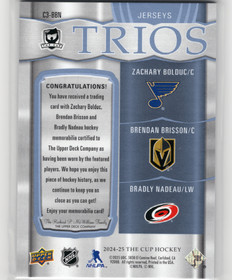 2024-25 Upper Deck The Cup Cup Trios Jersey #C3BBN Zachary Bolduc / Brendan Brisson / Bradly Nadeau MEM, SN49