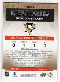 2021-22 Upper Deck Debut Dates Jersey #DD10 Pierre-Olivier Joseph MEM