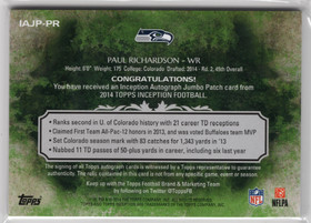 2014 Topps Inception Rookie Jumbo Patch Autographs Purple #AJPPR Paul Richardson AU, MEM, SN50