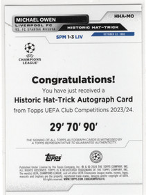 2023-24 Topps UEFA Club Competitions Historic Hat Tricks Autographs #HHAMO Michael Owen AU