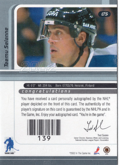 2001-02 Be a Player Signature Series Autographs #LTS Teemu Selanne AU, SP