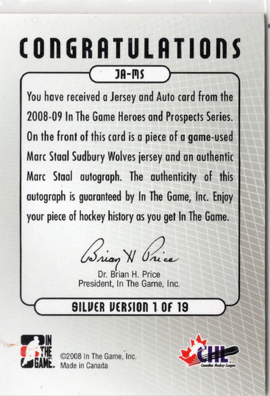 2008-09 In The Game Heroes and Prospects Jerseys Autographs #JAMS Marc Staal AU, MEM, PR19