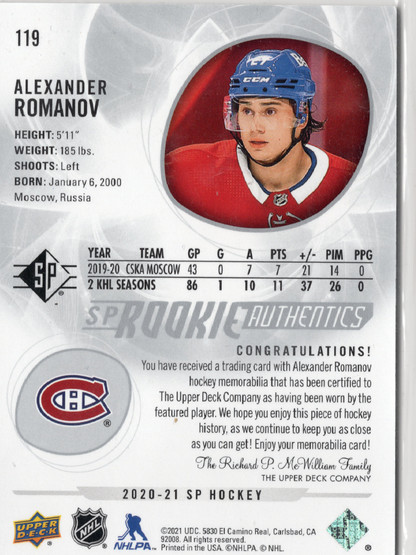 2020-21 SP Jersey #119 Alexander Romanov MEM