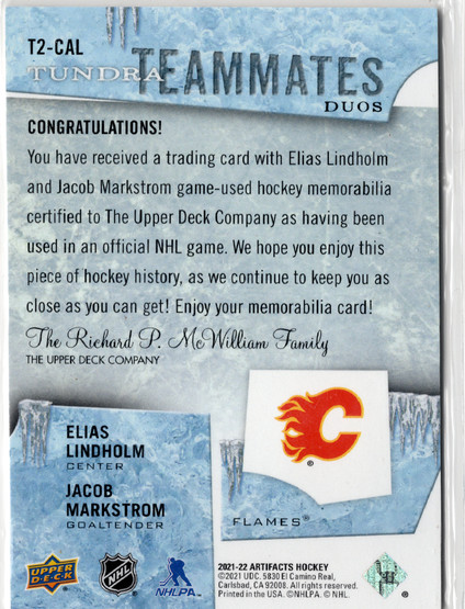 2021-22 Upper Deck Artifacts Tundra Teammates Duos #T2CAL Elias Lindholm / Jacob Markstrom MEM, SN249