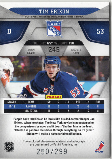 2011-12 Panini Rookie Anthology 2011-12 Panini Certified Update I #245 Tim Erixon ROO, AU, MEM, RC, SN299