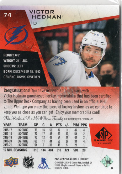 2021-22 SP Game Used Red Jersey #74 Victor Hedman MEM