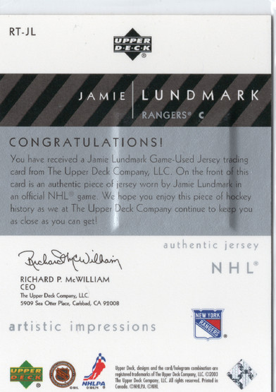 2002-03 Upper Deck Artistic Impressions Right Track #RTJL Jamie Lundmark MEM, SN299