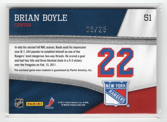 2011-12 Panini Pinnacle Threads Patches #51 Brian Boyle MEM, SN25