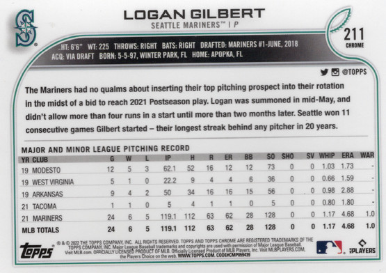 2022 Topps Chrome Sonic Black & White RayWave #211 Logan Gilbert